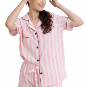 Dália – Pijama Listrado Rosa e Branco com Acabamento em Preto