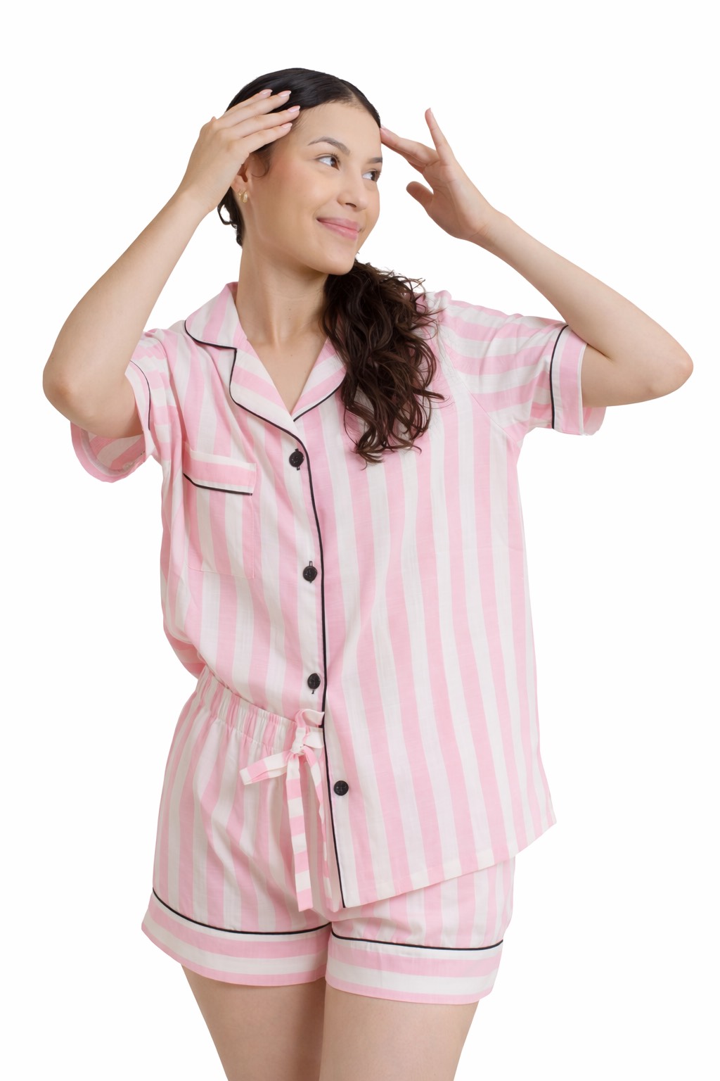 Dália – Pijama Listrado Rosa e Branco com Acabamento em Preto